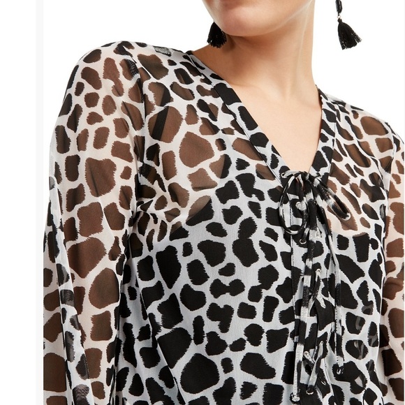 INC Animal Print Lace Up blouse semi sheer ruffle hem long sleeves Sz XS top - Picture 3 of 11